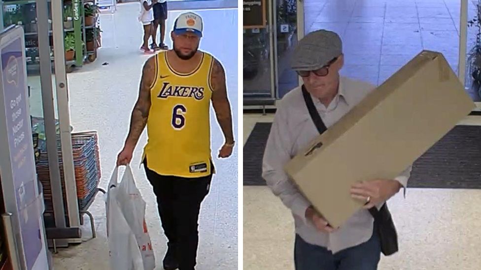 Dean Mathews, left, holding a plastic bag entering a shop. Paul Mathews is to the right holding a large cardboard box