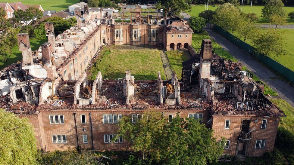 Aerial view of the fire-hit Henderson Old Hall showing severe damage to the building's roof