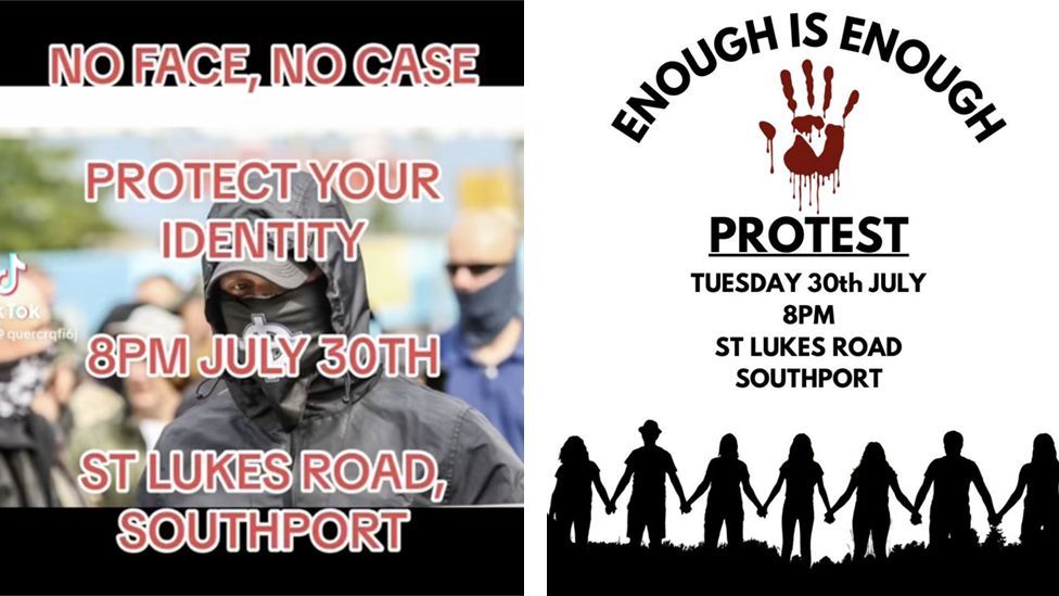 Screengrabs of two posters shared online, one saying "No face, no case" and urging people to conceal their identity and the other saying "enough is enough", but both urging people to gather at the same time on the evening of 30 July on St Lukes Road, Southport