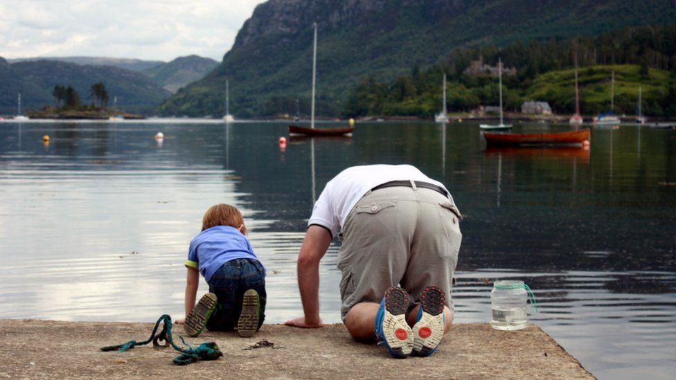 Man and boy peering over the edge of the pier in Plockton