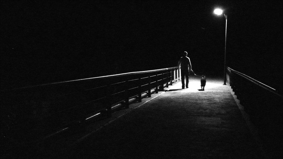 Man and dog on bridge