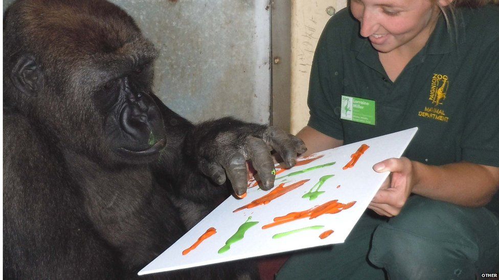 N'Dowe, the lowland gorilla, with zoo keeper Lorraine Miller.