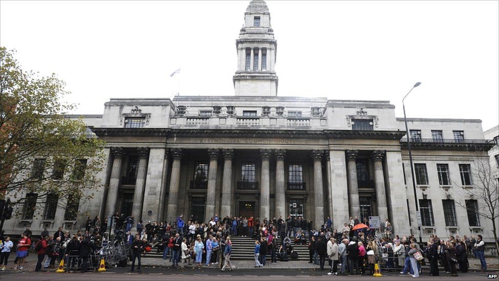 Crowd gathers at Old Marylebone Town Hall