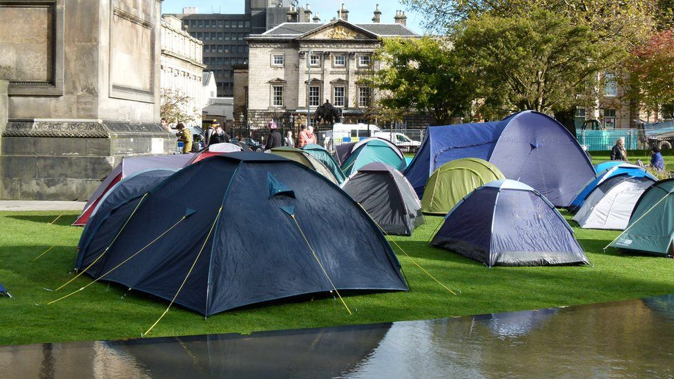 Protesters camped in front of the Royal Bank of Scotland in St Andrew Square, Edinburgh