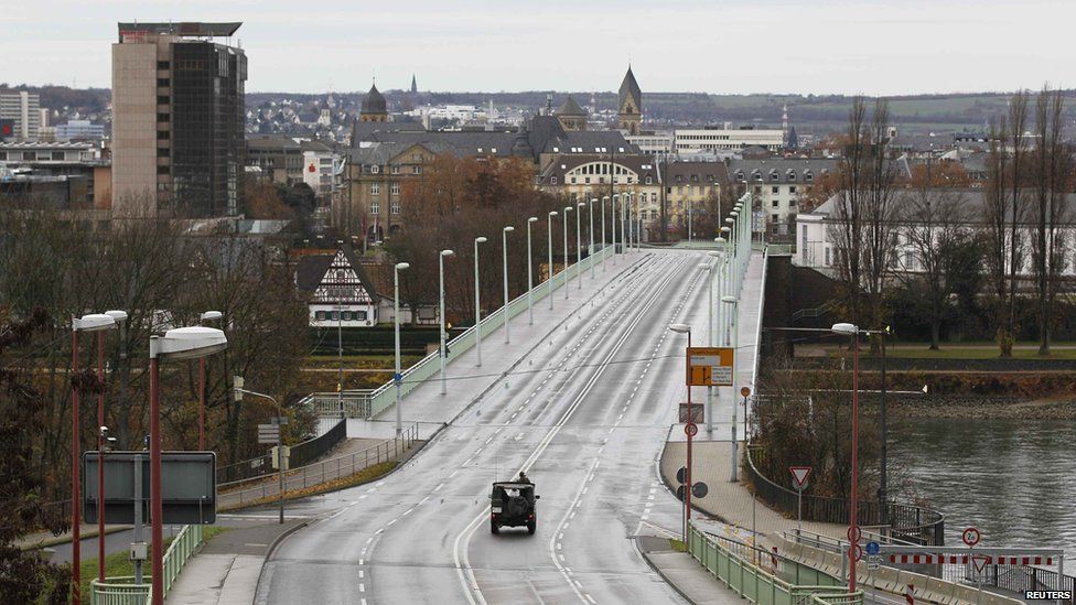 The empty Pfaffendorfer Bridge across the Rhine in Koblenz, Germany, on 4 December 2011