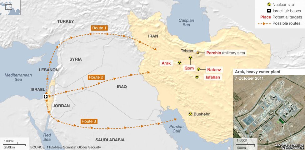 Map showing possible routes Israeli bombers could take to target Iran's nuclear facilities