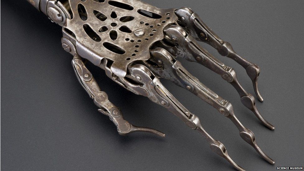 A steel and brass hand. Credit: Science Museum, Brought to Life exhibit