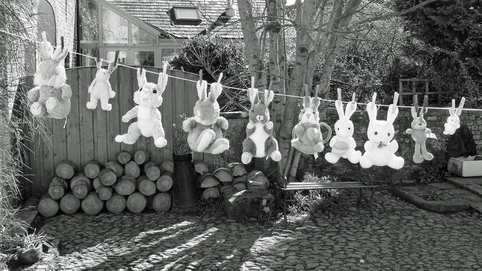 Toy rabbits on a washing line