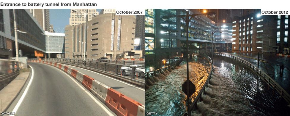 Heavy flooding in Battery Park on the tip of Manhattan led to water gushing into the Brooklyn-Battery Tunnel. In advance of the storm New York Governor Andrew Cuomo closed all New York City bus, subway and commuter rail services.