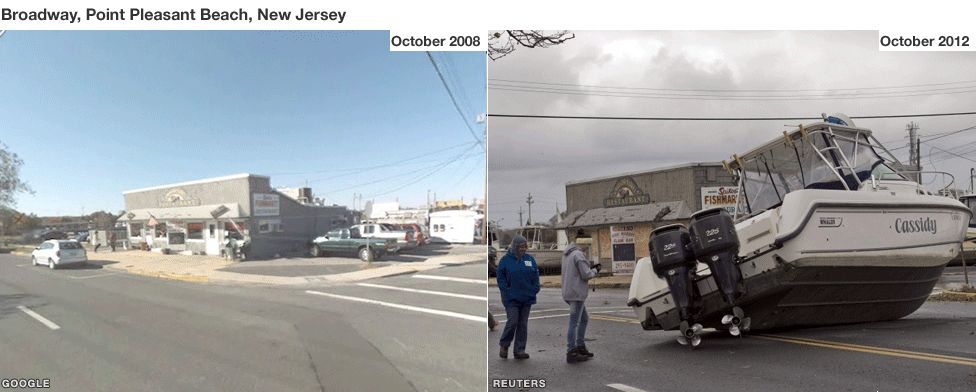 Residents photograph a boat resting on Broadway Avenue as they inspect damage from Hurricane Sandy in Point Pleasant Beach, New Jersey