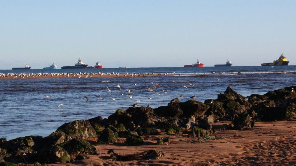 Boats in row at sea