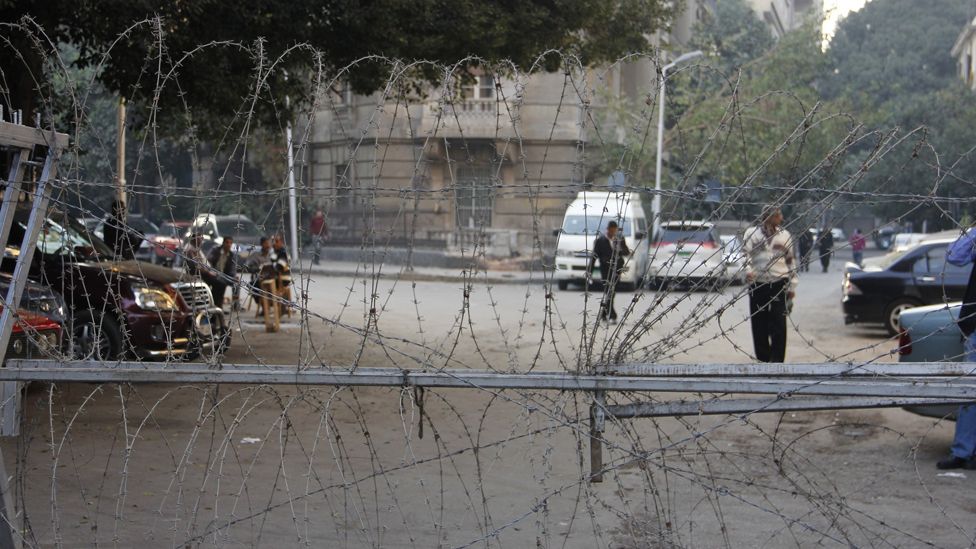 Barbed wire on Qasr al-Aini Street, blocking entry to an area housing Western embassies