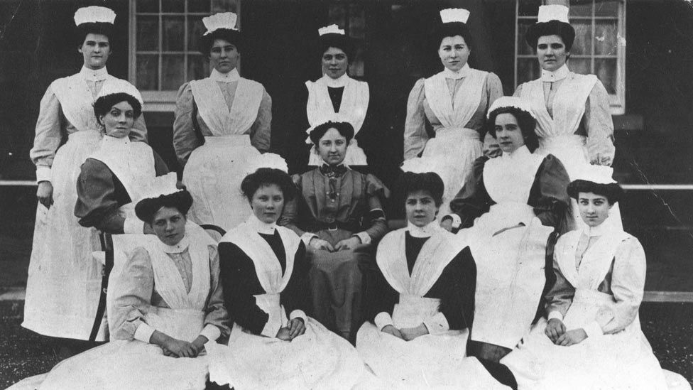 First Matron of Whitchurch Hospital with nursing staff (1908 - 1910).