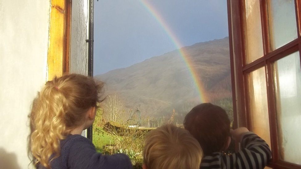 Children looking at a rainbow