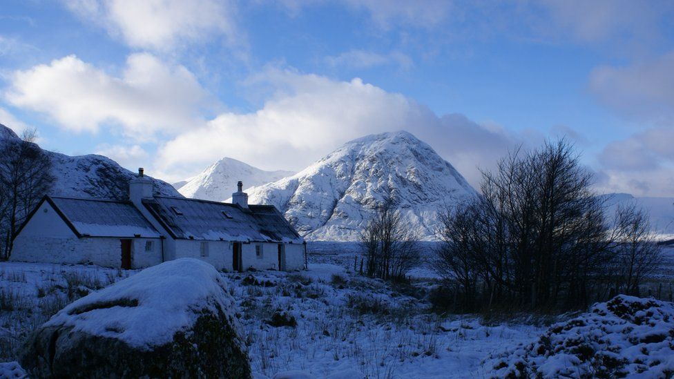 Blackrock Cottage in its winter setting, taken by Margaret Russell at the Glencoe Ski Centre
