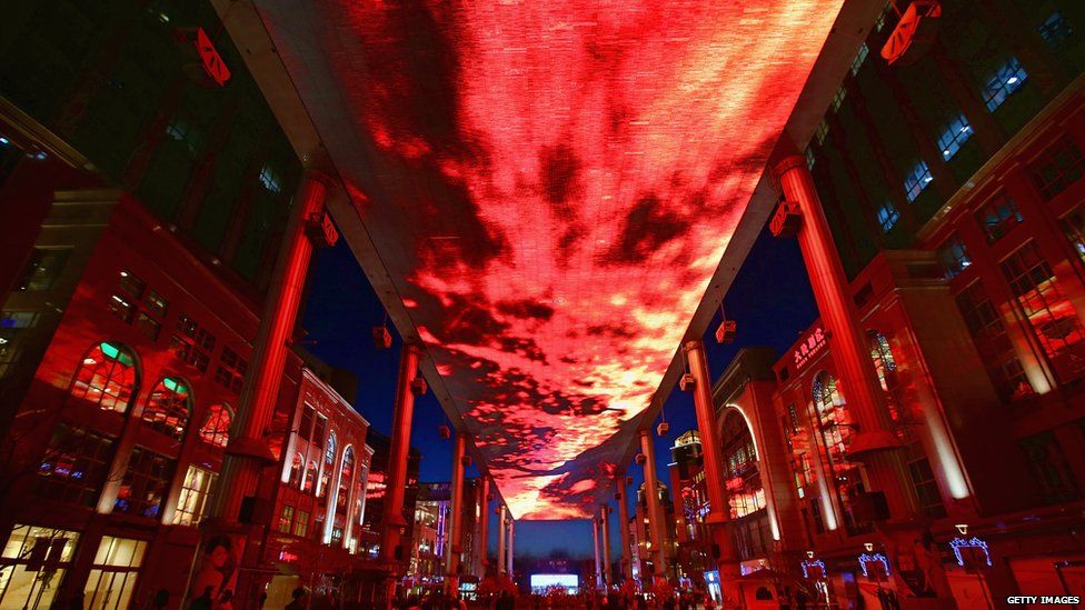 LED sky screen before switch-off in Beijing's Central Business District