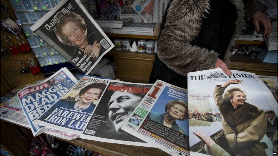 British newspapers covering the death of Baroness Thatcher
