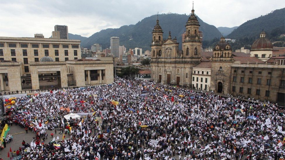 People gather in the centre of the capital, Bogota.