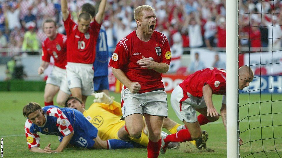 Paul Scholes scores the equaliser for England against Croatia at Euro 2004