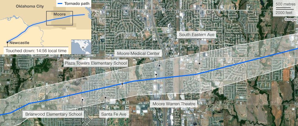 Map showing route of tornado through suburb of Moore