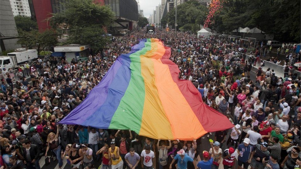 Avenida Paulista in Sao Paulo packed with people during the Gay Pride march on 2 June 2013