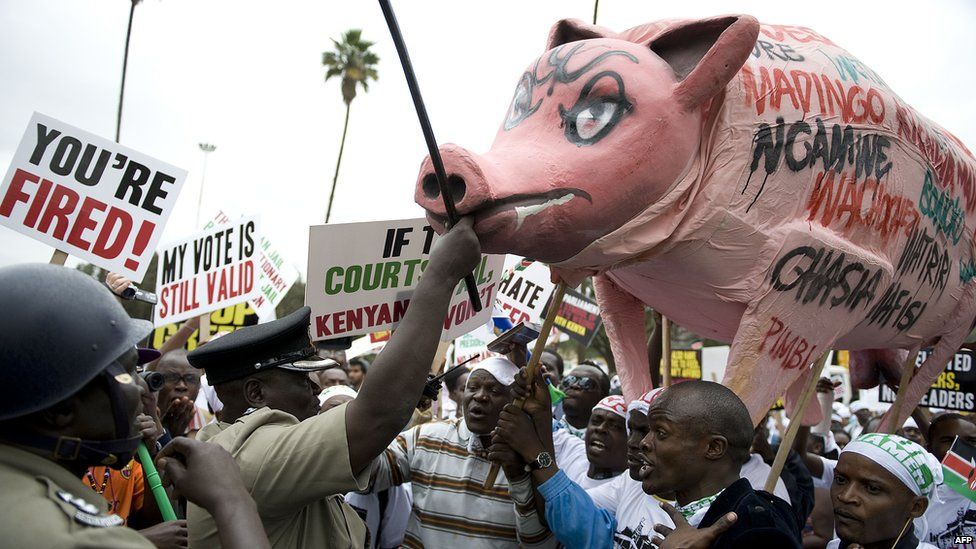 Kenyan police attempt to intercept protesters carrying an effigy of a pig during a demonstration outside the parliament - Tuesday 11 June 2013