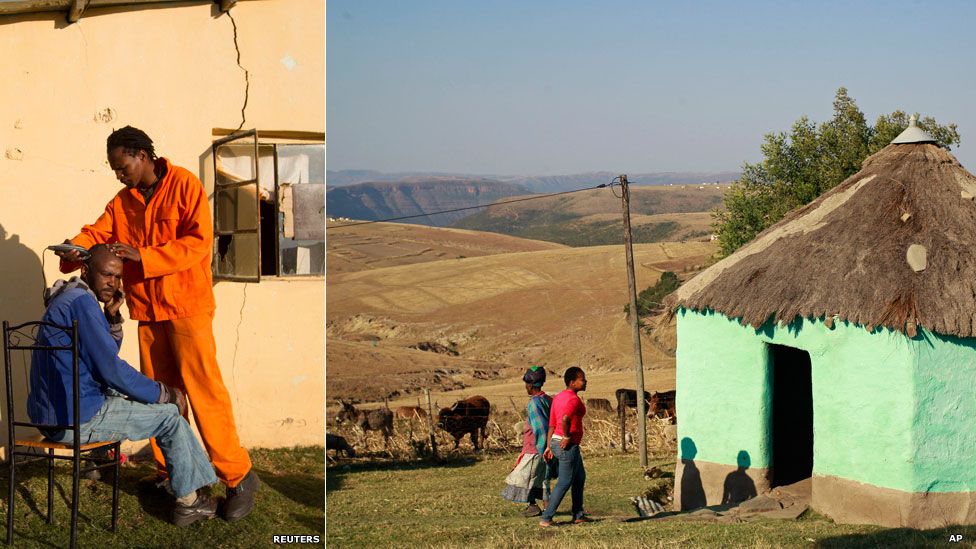L: A man getting a hair cut in Qunu, South Africa. R: People next to a small green-painted house in Mvezo, South Africa - Thursday 13 June 2013