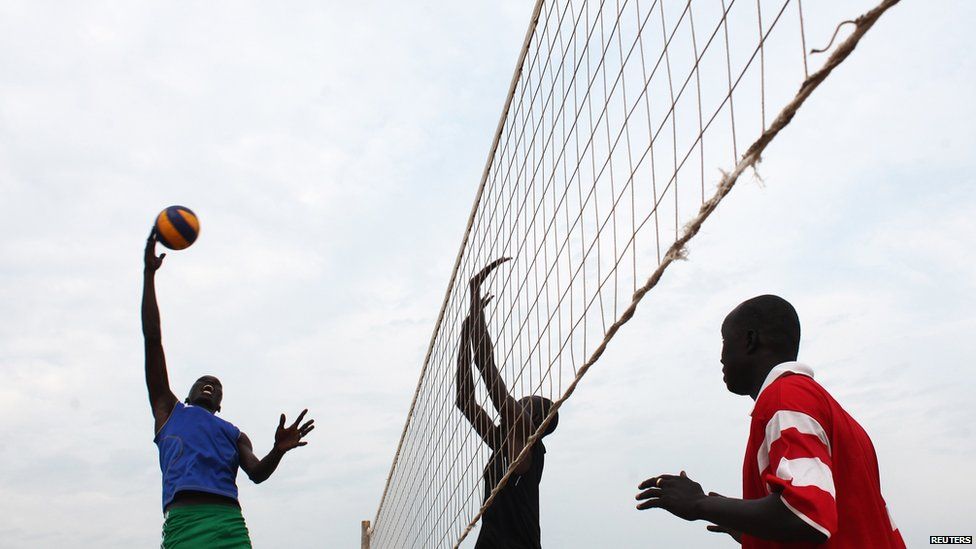 Men playing volleyball in Juba, South Sudan - Wednesday 19 June 2013
