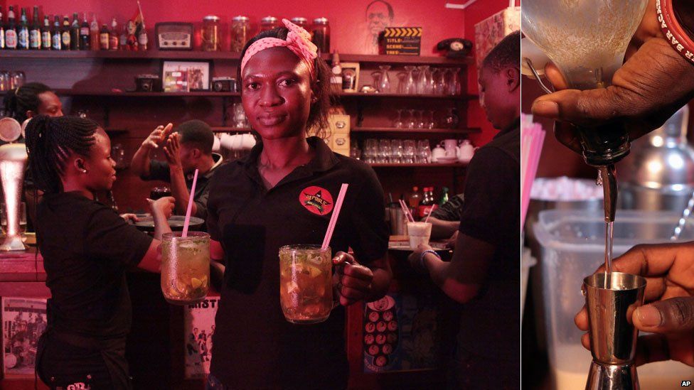 Photos taken at a bar in Ghana’s capital, Accra. L: A waitress carrying drinks on Friday 14 June 2013. L: A bartender pours out a measure of “akpeteshie” on Tuesday 18 June 2013
