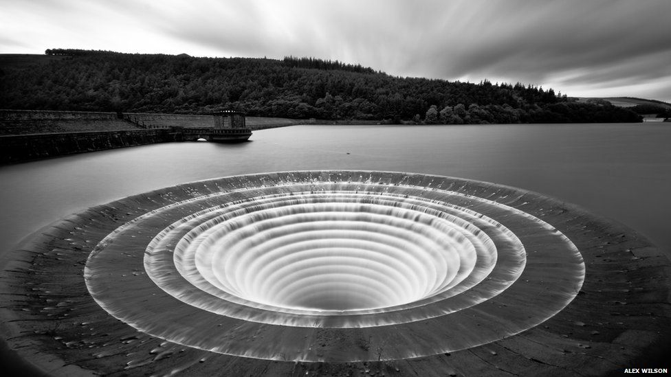 The overflow of Ladybower reservoir in the Peak District