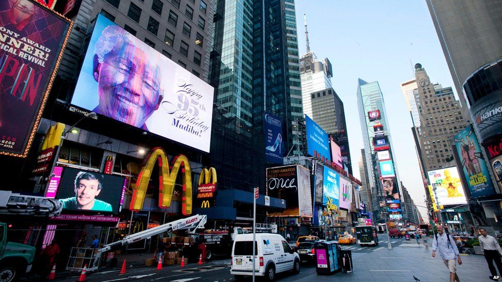 Image of Nelson Mandela on a Times Square billboard, New York City (18 July)