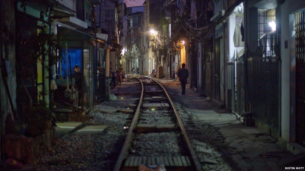 A view of a slum neighborhood along the railroad tracks in Hanoi, Vietnam.