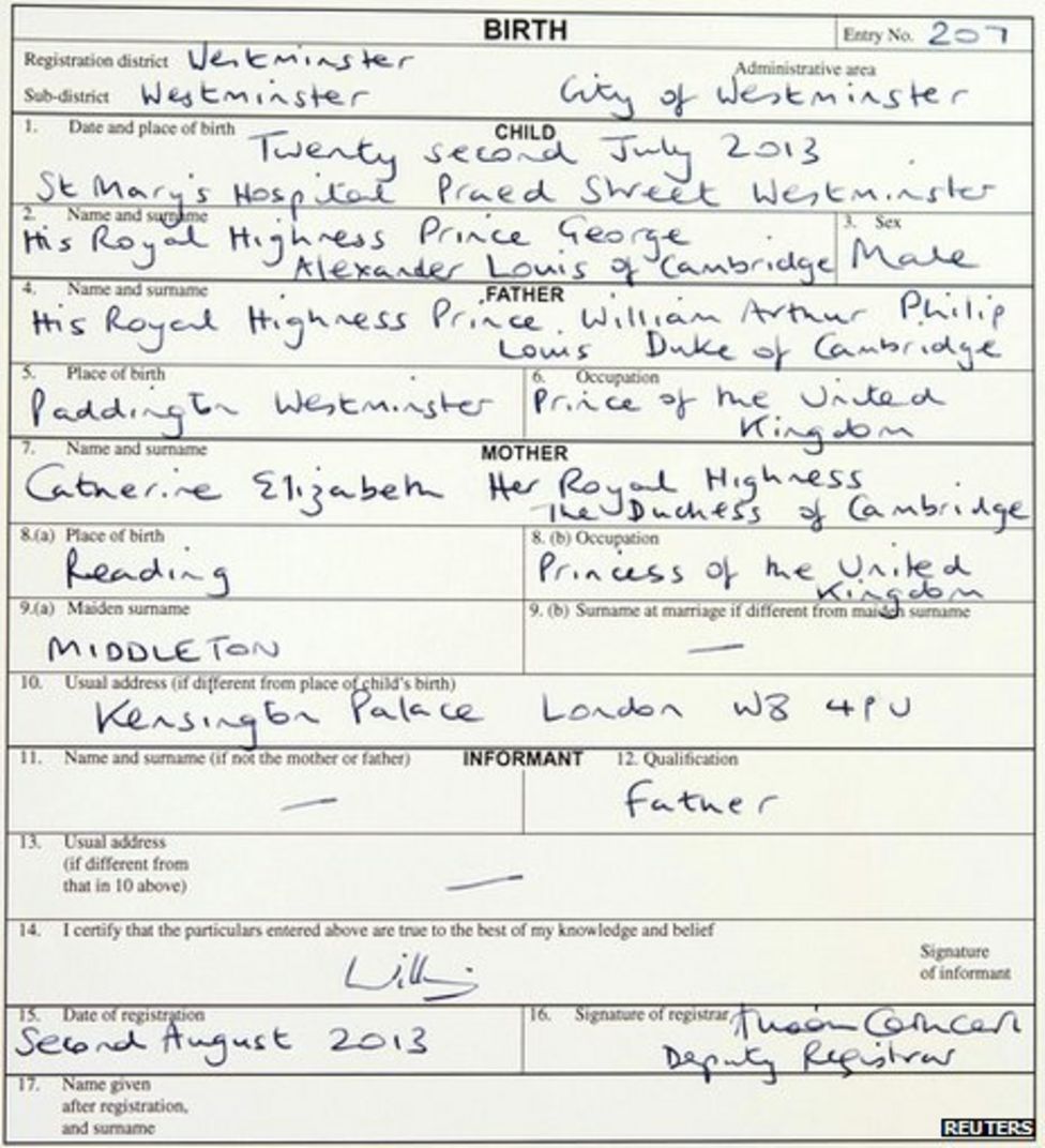 Prince George S Birth Officially Registered Bbc News