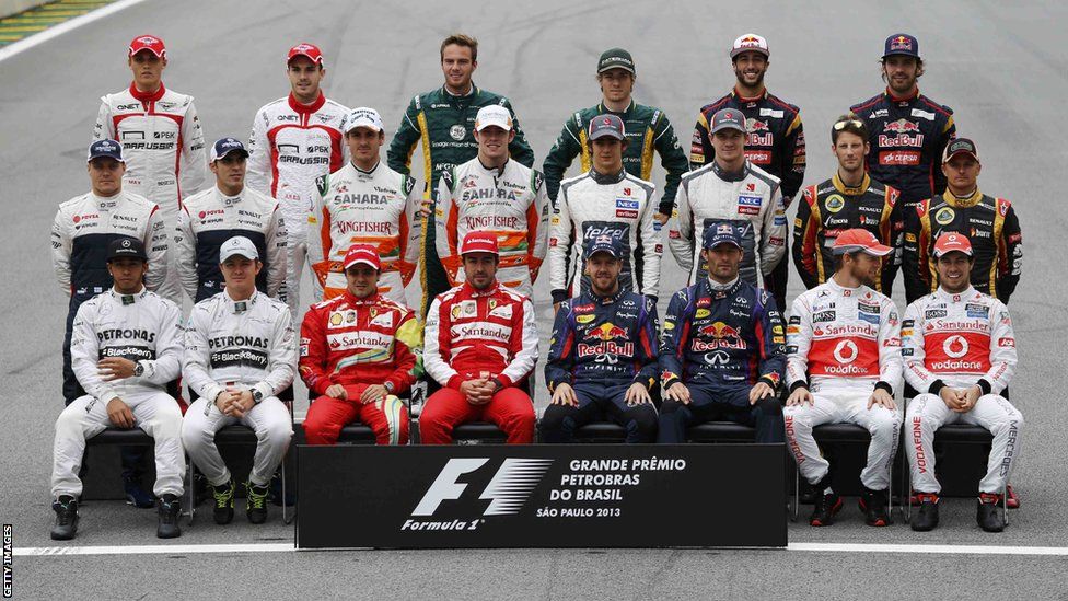 Formula One drivers pose for a group picture ahead of the Brazilian F1 Grand Prix