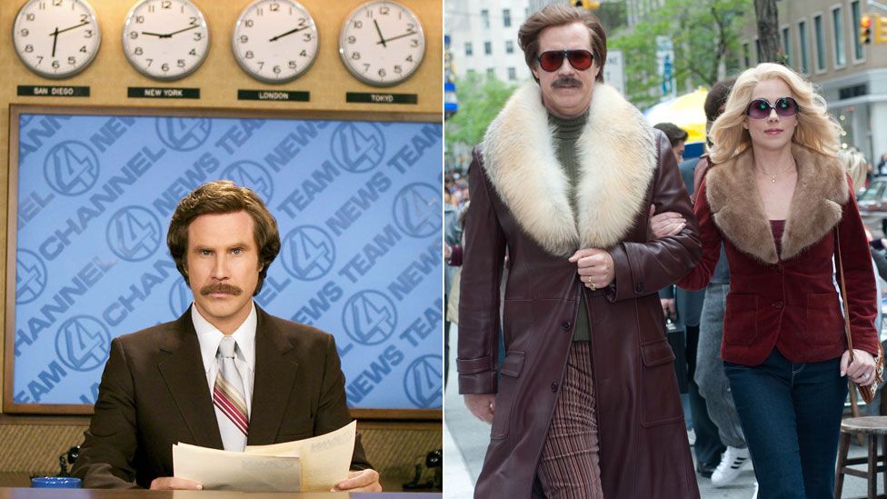 Will Ferrell as Ron Burgundy and (right) with Christina Applegate as Veronica Corningstone in Anchorman 2: The Legend Continues