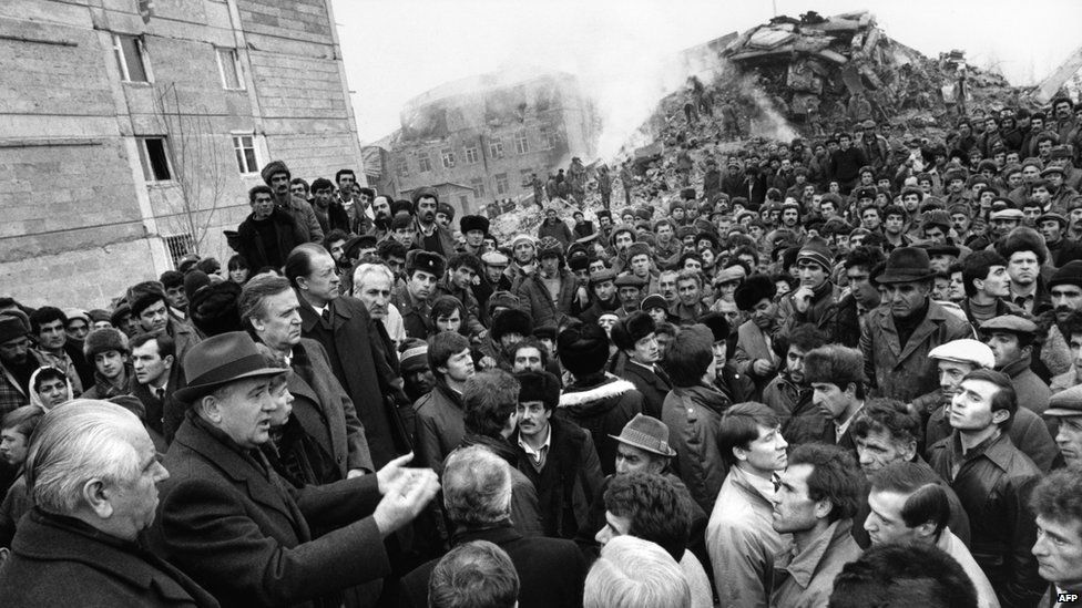 A picture taken on December 10, 1988 in Leninakan, Soviet Armenia shows General Secretary of the Communist Party of the Soviet Union Mikhail Gorbachev addressing the people of the city severely stricken by the earthquake.
