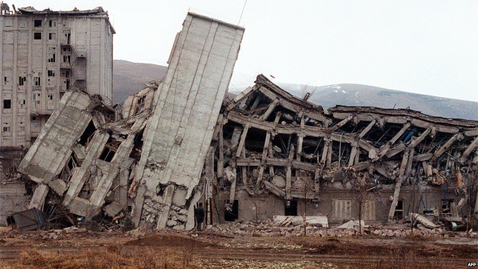 View of the rubble of the devastated town of Spitak, on December 12, 1988, after an earthquake hit Armenia, on December 7, 1988.