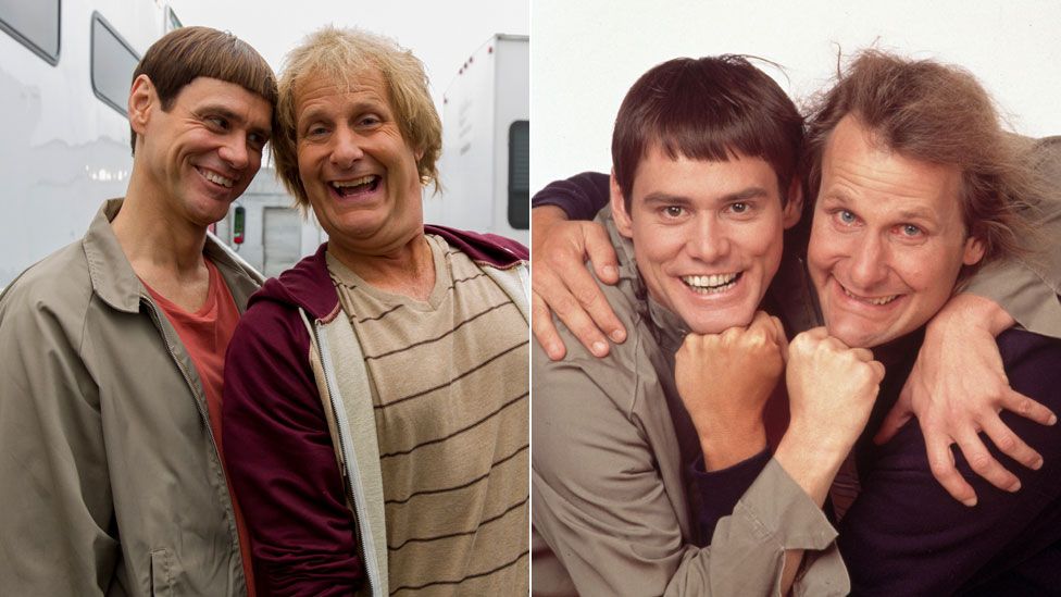 Jim Carrey and Jeff Daniels as Lloyd Christmas and Harry Dunne in Dumb and Dumber