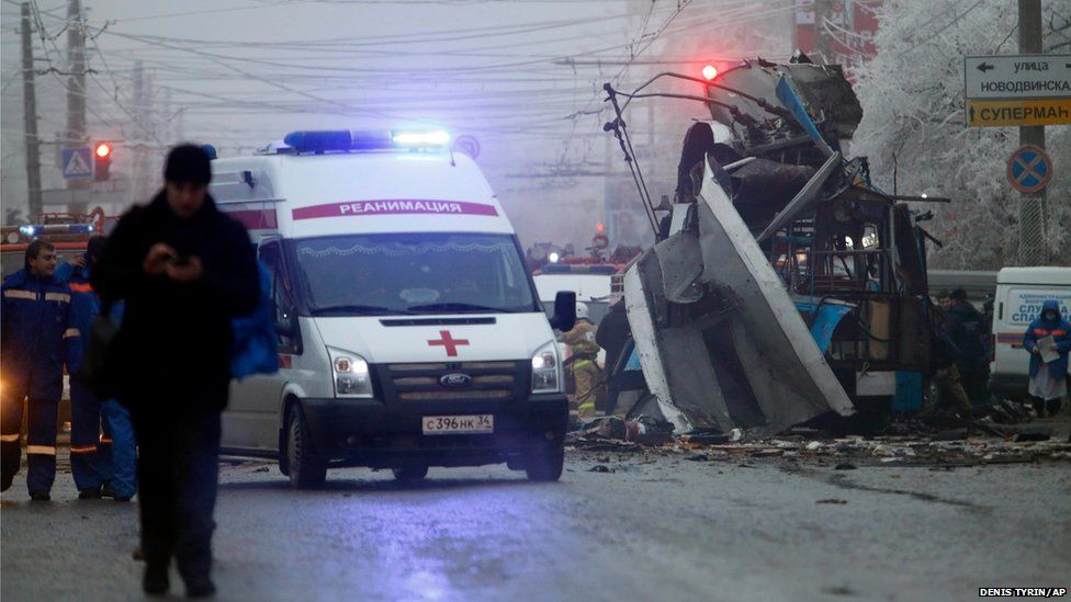 An ambulance leaves the site of a trolleybus explosion in Volgograd, Russia