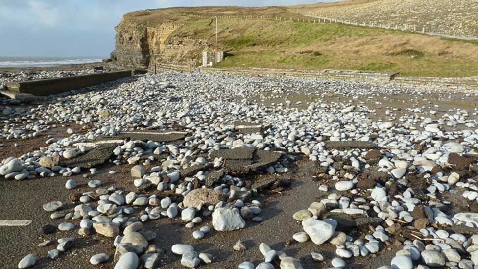 Storm debris and stones at Southerndown car park, Vale of Glamorgan