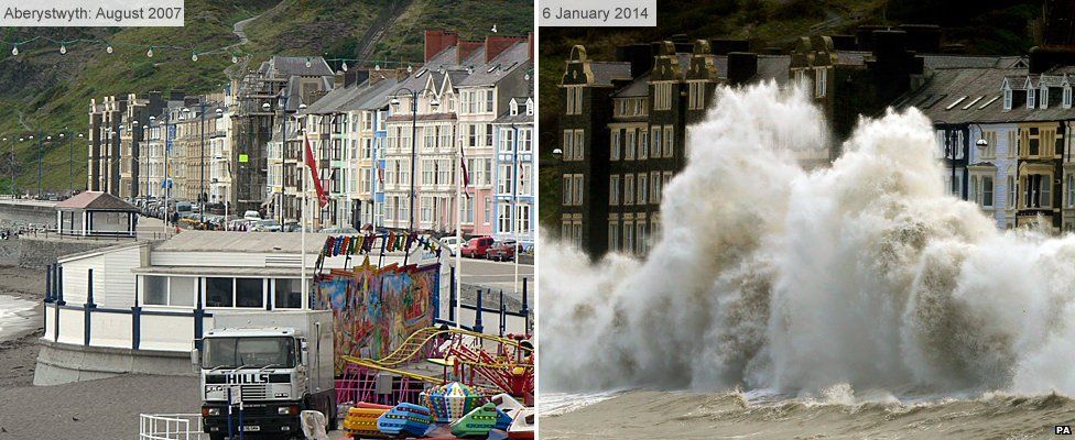 Aberystwyth seafront before and after storm