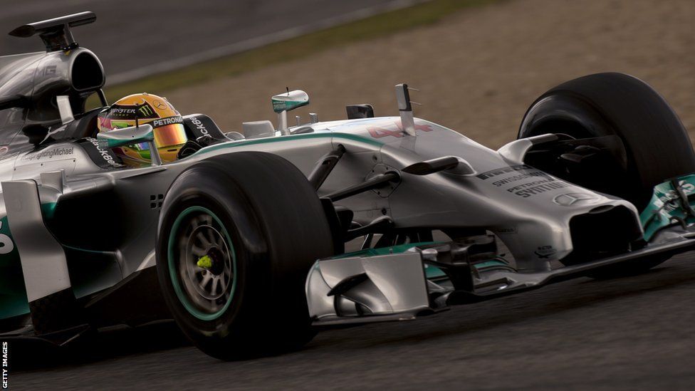 Mercedes' British driver Lewis Hamilton in action on day one of Formula One pre-season testing at Jerez
