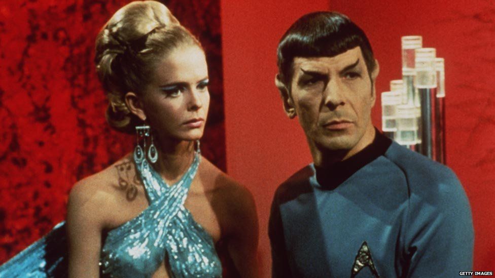 Leonard Nimoy with an unnamed co-star in an episode of Star Trek