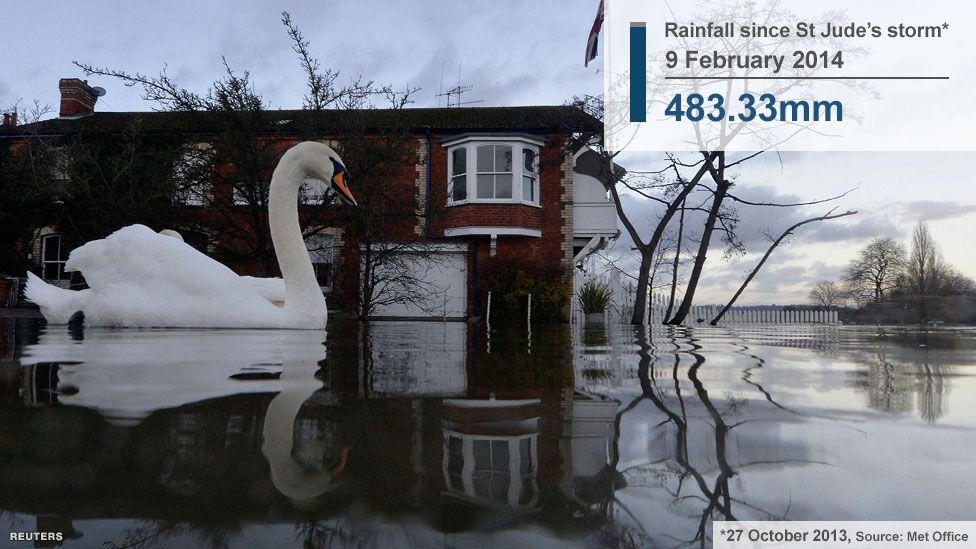 Swans swim near riverside properties partially submerged in floodwaters at Henley-on-Thames