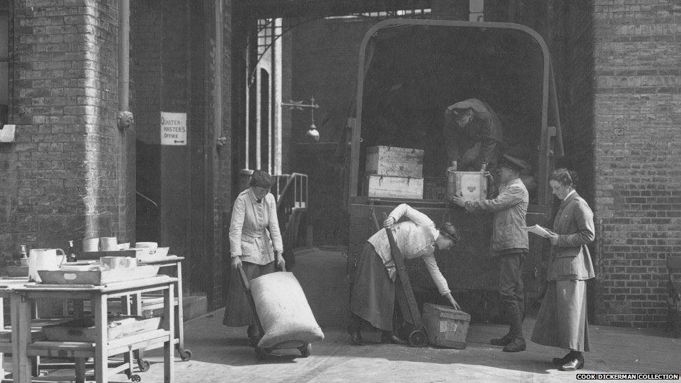 Unloading stores under direction of Quartermaster, Olga Campbell, at Endell Street Military Hospital during World War One