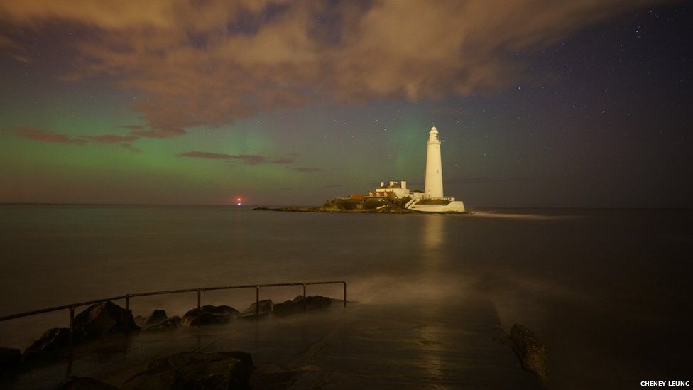 The Northern Lights over St Mary's Island, Tyne and Wear