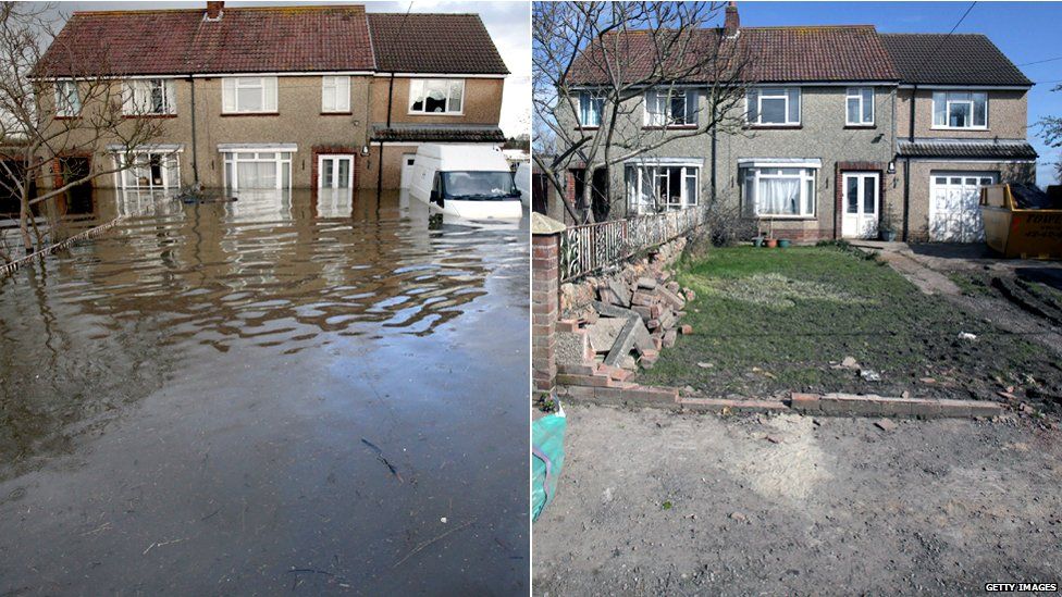 Two comparison photos showing how water has receded from flooded properties in the village of Moorland, Somerset