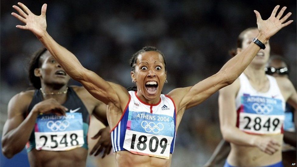 Britain's Kelly Holmes reacts after winning gold in the 800m race at the Athens Olympics in 2004