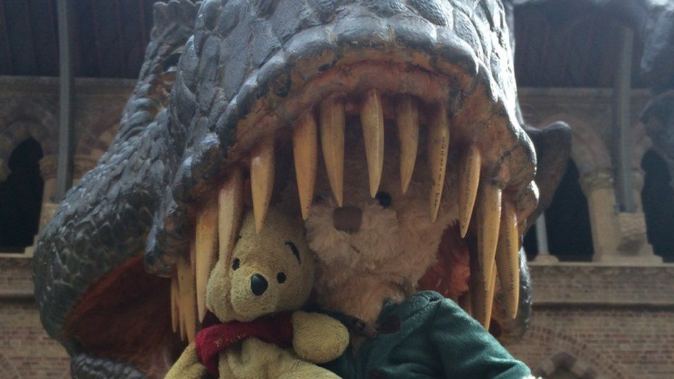 Barney and Pooh in the jaws of a T-Rex. Photo: Jason Sammut