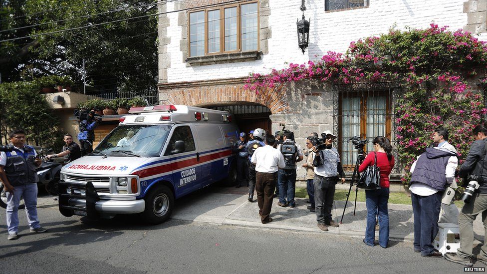 An ambulance is seen parked inside the garage of the home of Nobel prize-winning Colombian author Gabriel Garcia Marquez in Mexico City